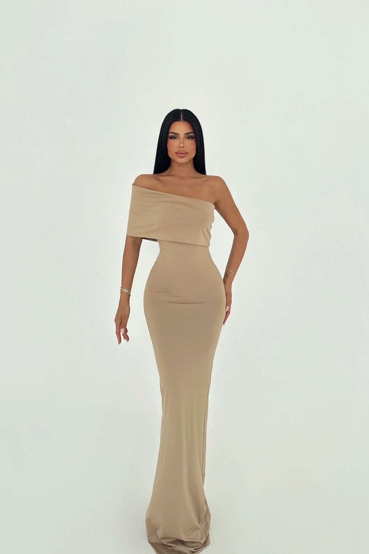 Vanya Beige Off-Shoulder Maxi Dress  Natalia Renee