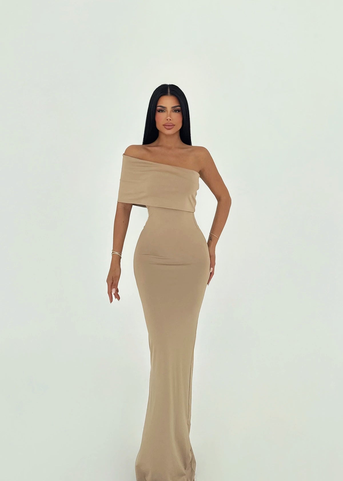 Vanya Beige Off-Shoulder Maxi Dress Natalia Renee Vanya Beige Off-Shoulder Maxi Dress Natalia Renee