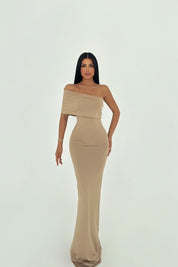 Vanya Beige Off-Shoulder Maxi Dress