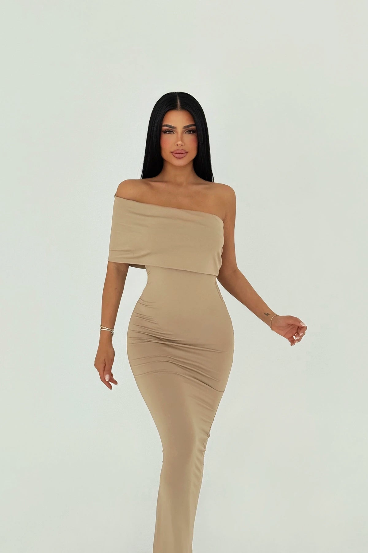 Vanya Beige Off-Shoulder Maxi Dress
