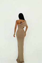 Vanya Beige Off-Shoulder Maxi Dress